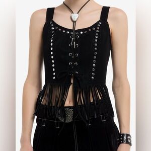 Social Collision Faux Suede Fringe Lace-Up Girls Crop Tank Top